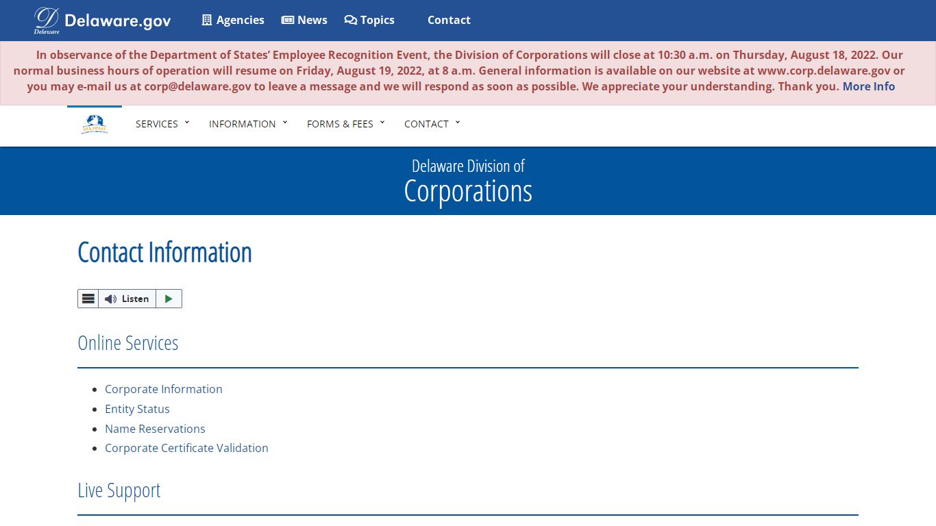 Contact Information - Division of Corporations - State of Delaware